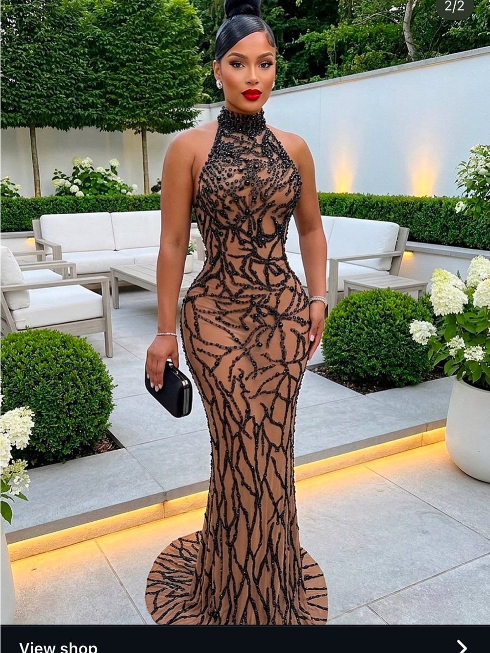 Nude Sleeveless Maxi Gown with Black Beaded Embroidery Amekana